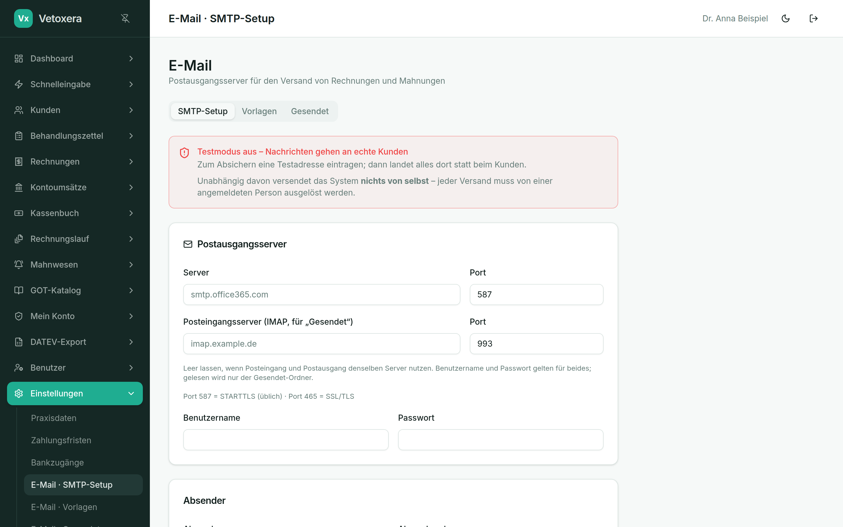 Email settings with a test message