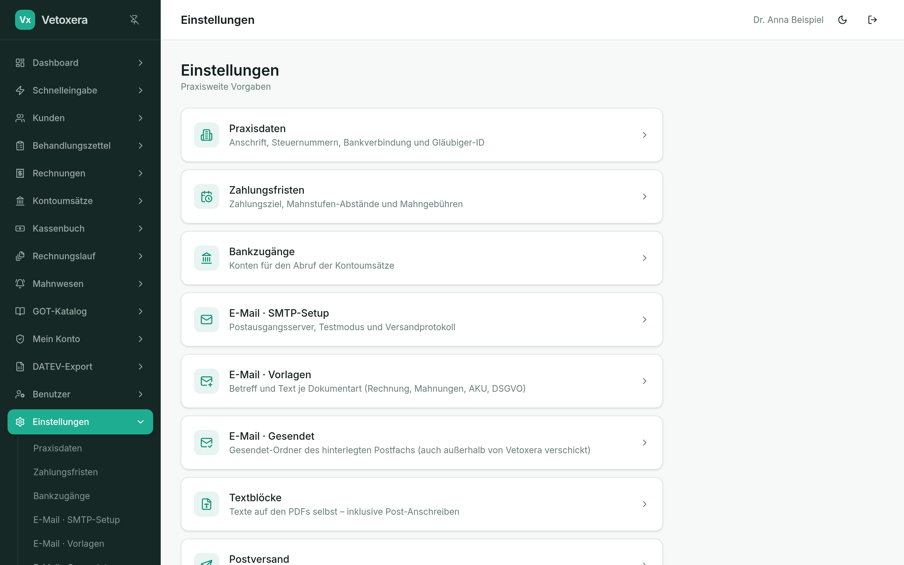 The settings overview