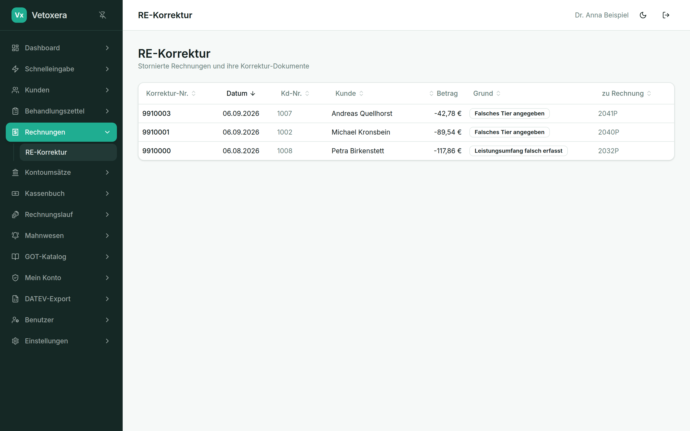 The list of corrective invoices